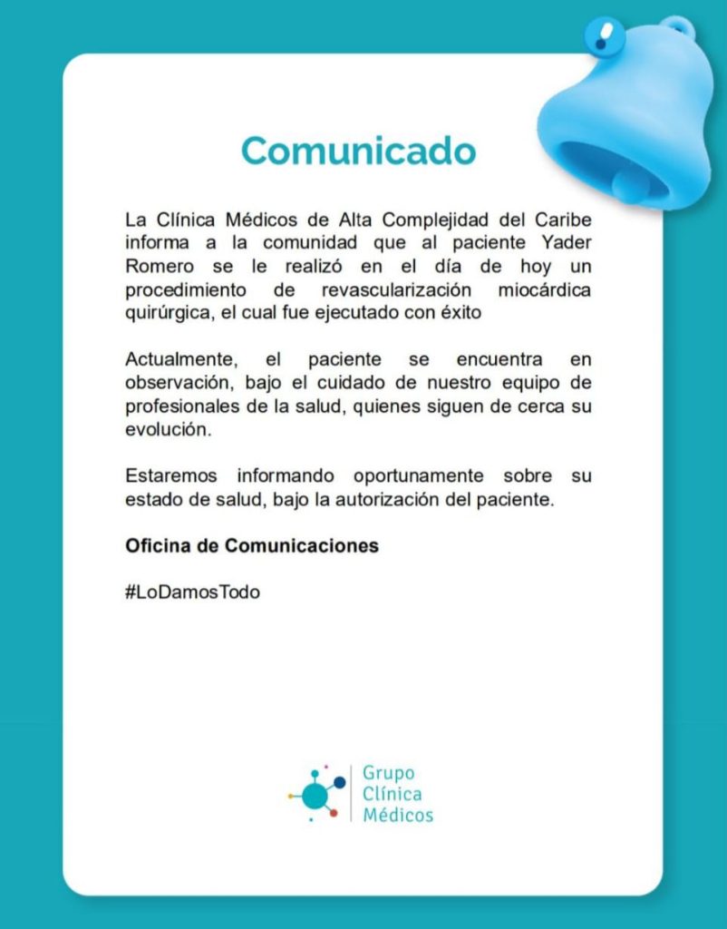 Comunicado de prensa de la Clínica por la cirugía de Yader Romero